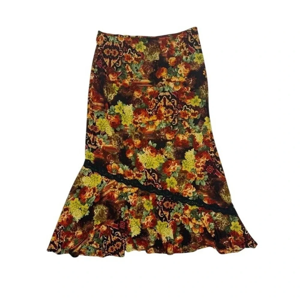 Coldwater Creek Floral Lace Trim Ruffle Maxi Skirt PS Petite Burgundy Gold B9-23
